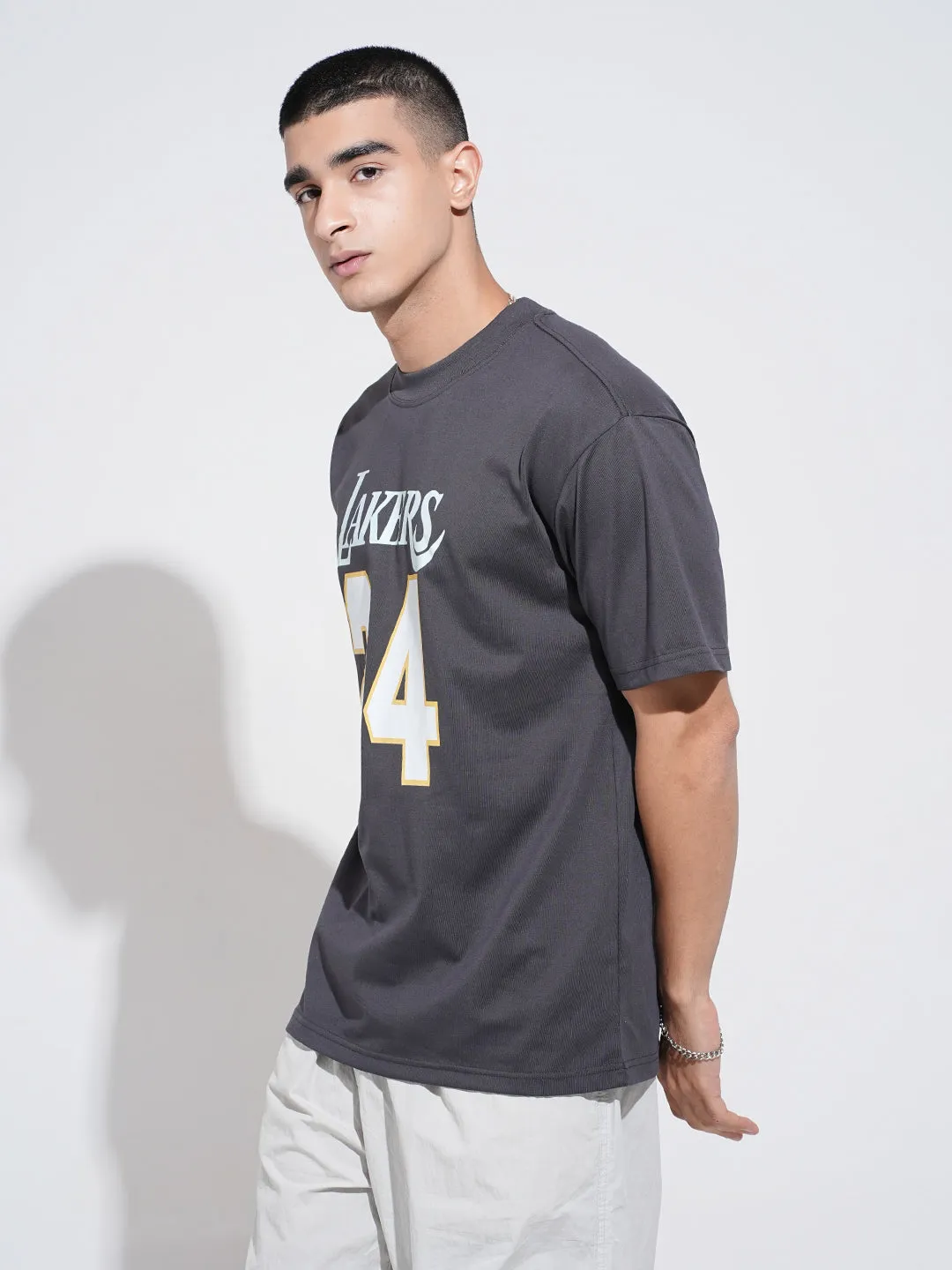 Men's Typography Grey Short Sleeves Round Neck Relaxed Fit T-Shirt Layered Collar Collared