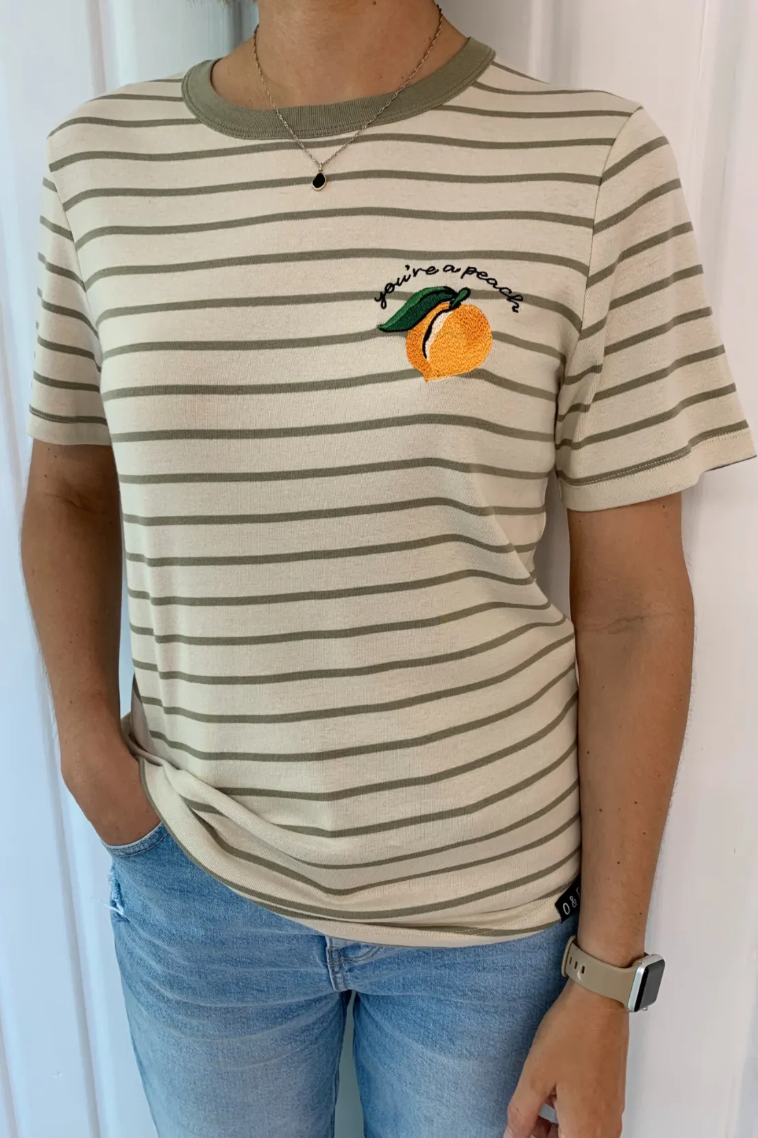 Comfy and Versatile O&F You're a Peach Embroidered Short Sleeve Breton Tee