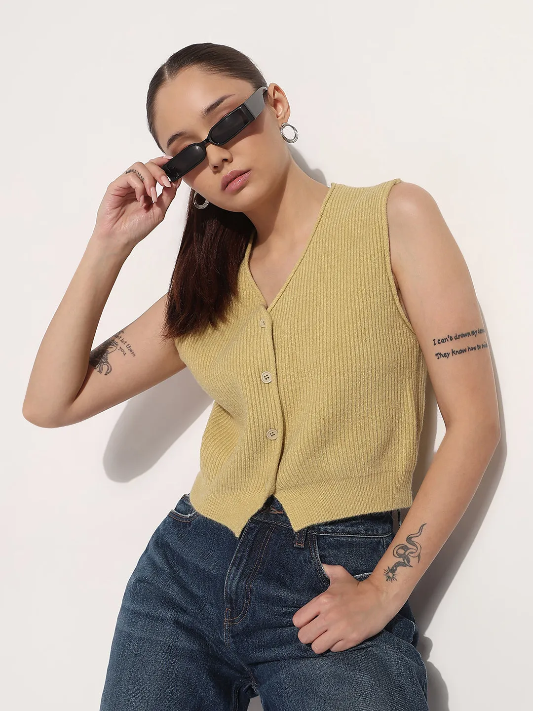 Women's Ribbed Mustard V-Neck Sleeveless Knitted Top Drop Shoulder