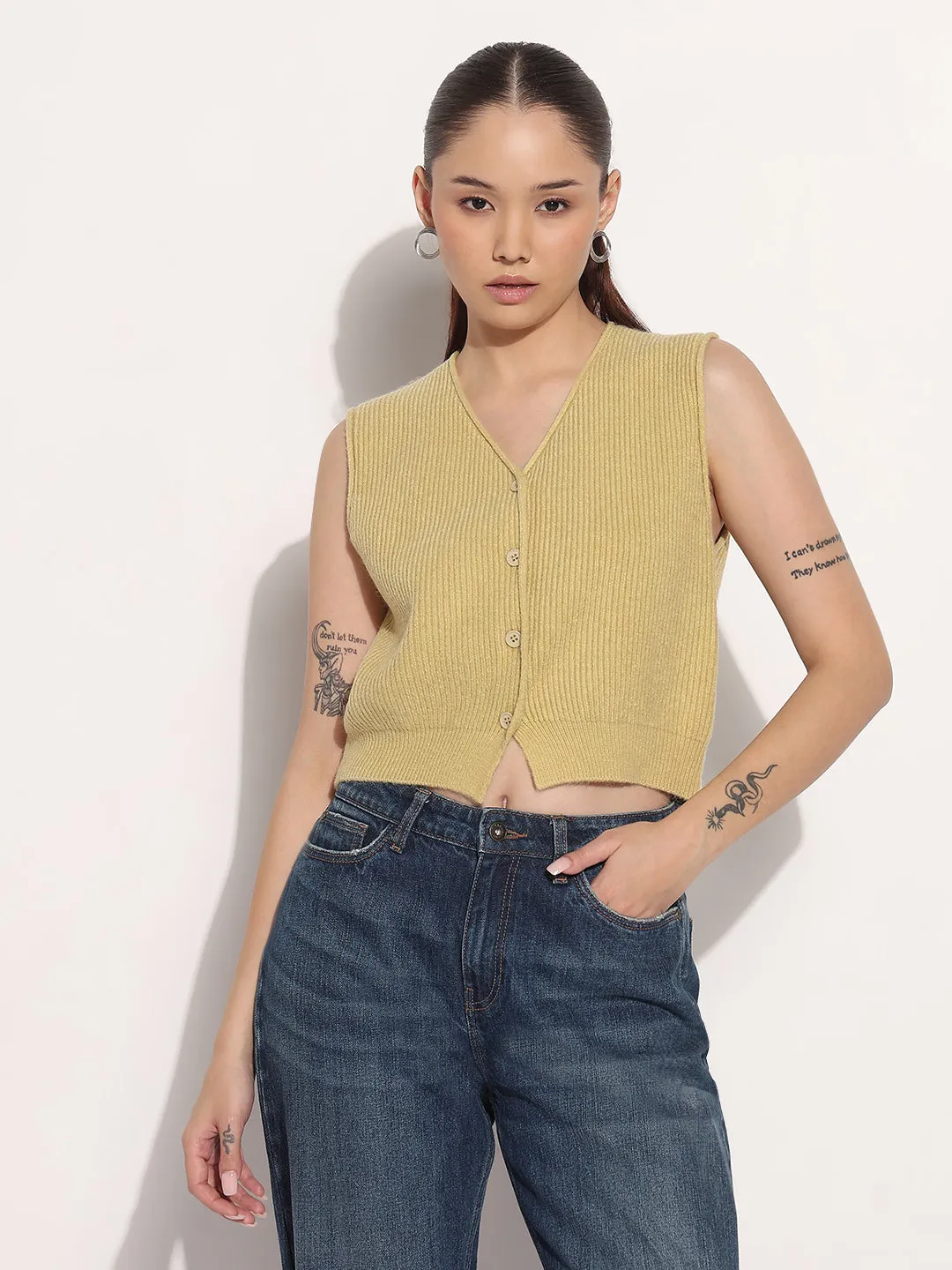 Women's Ribbed Mustard V-Neck Sleeveless Knitted Top TemperatureRegulating Yarn Layering Piece