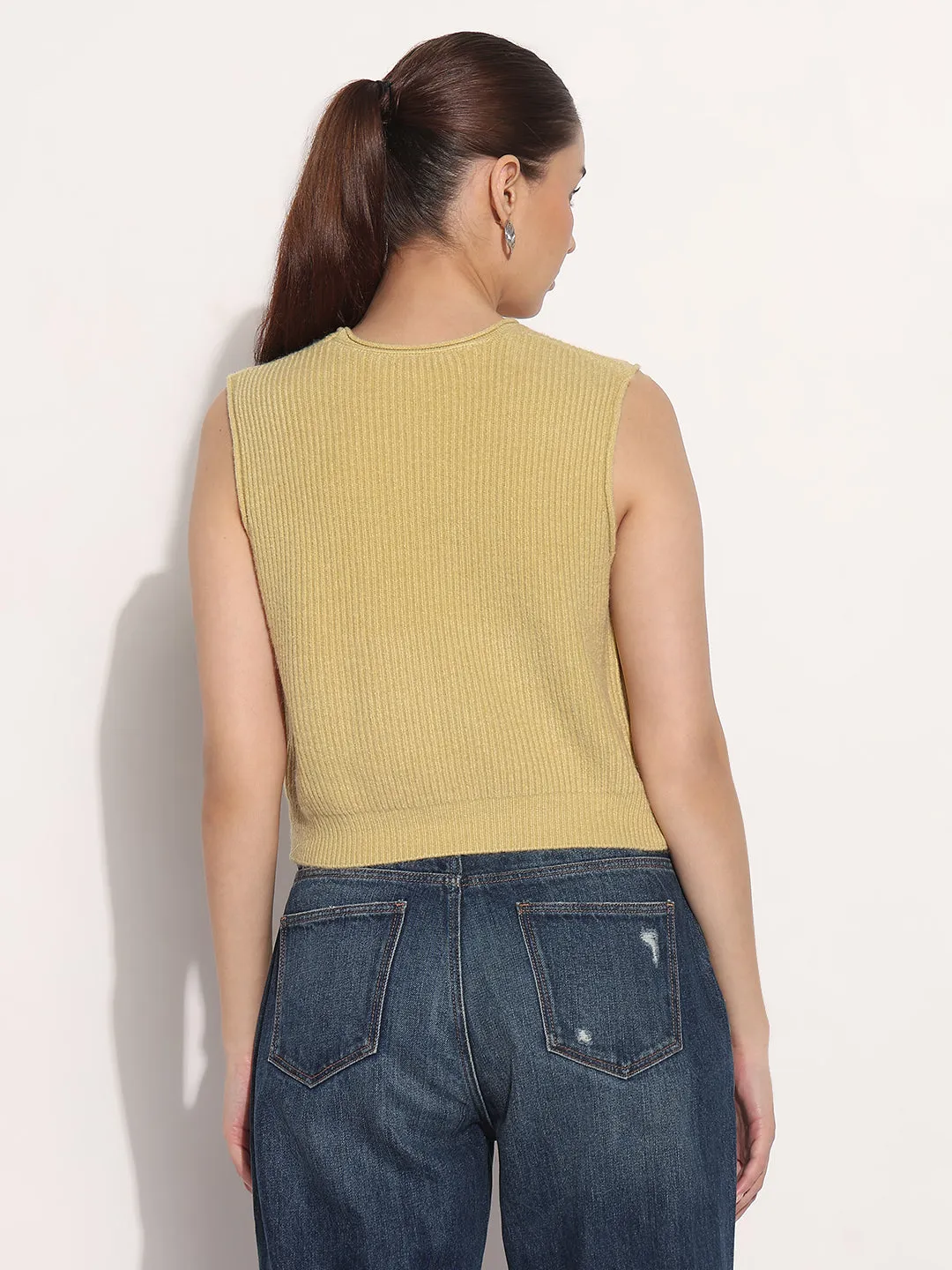 Women's Ribbed Mustard V-Neck Sleeveless Knitted Top Sustainable Fibers