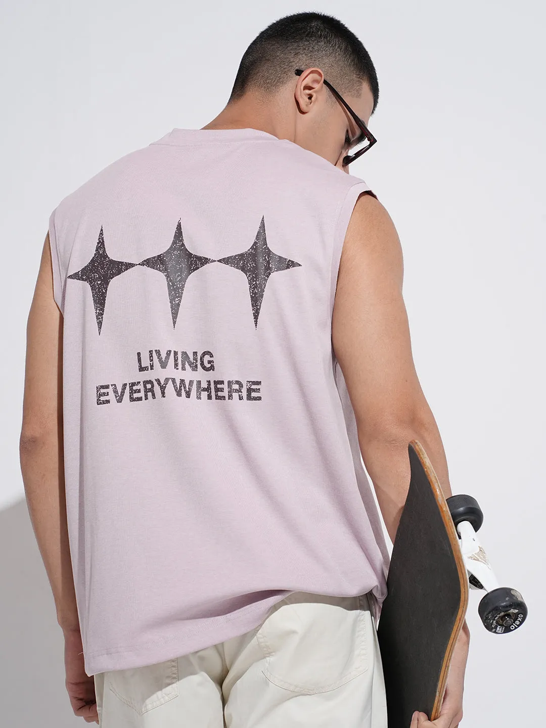 Scoop neck Smart Fit Men's Graphic Print Lavender Sleeveless Round Neck Relaxed Fit T-Shirt