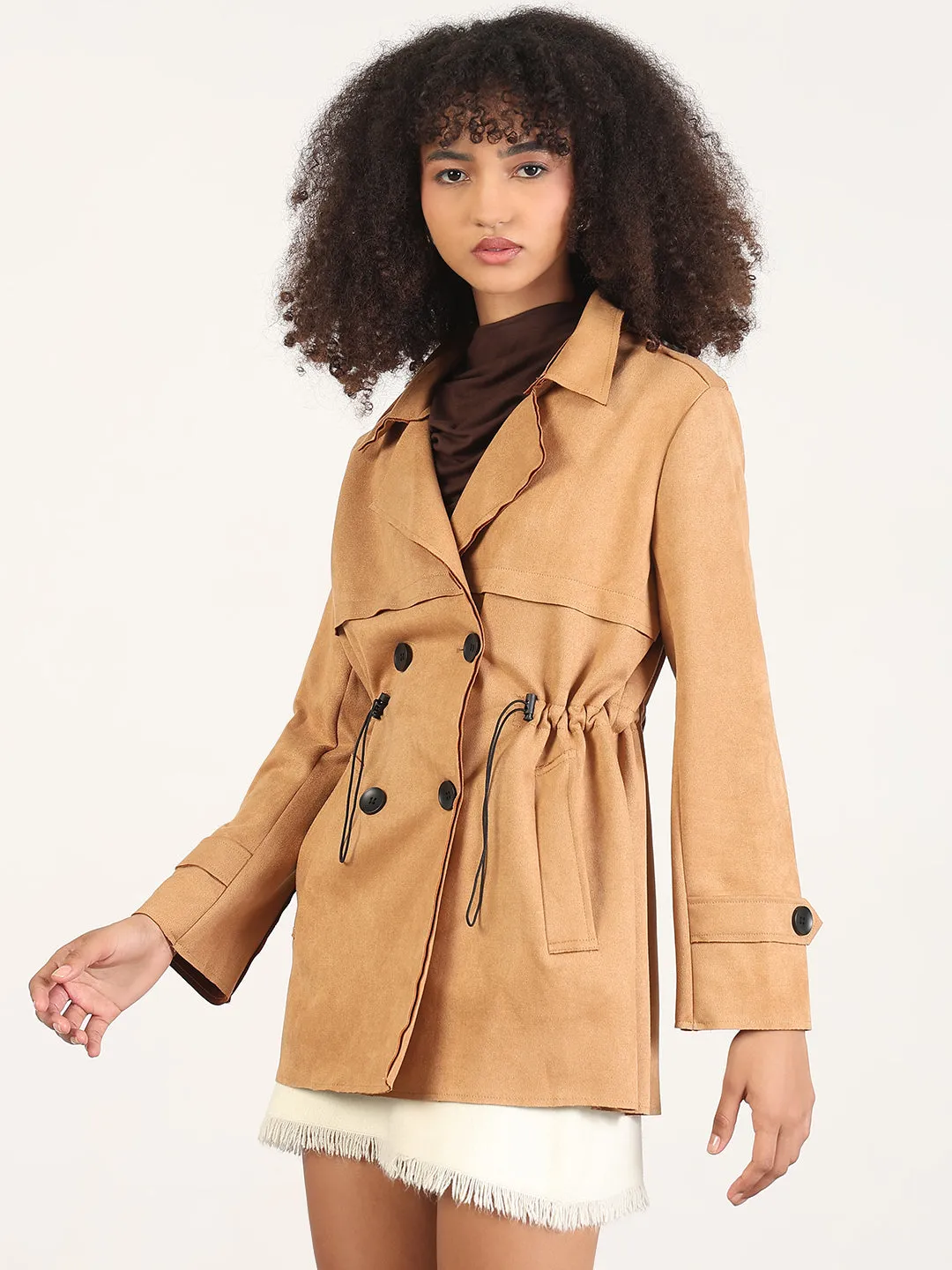 Women's Solid Brown Lapel Collar Trench Coat Rugged Comfort Ventilated Panels