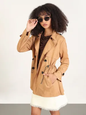 Women's Solid Brown Lapel Collar Trench Coat Anti Pill Surface AllPurposeFastening