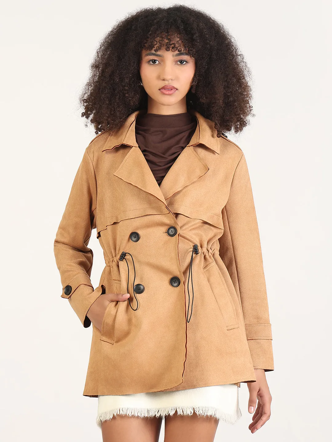 Tactical Wear Women's Solid Brown Lapel Collar Trench Coat
