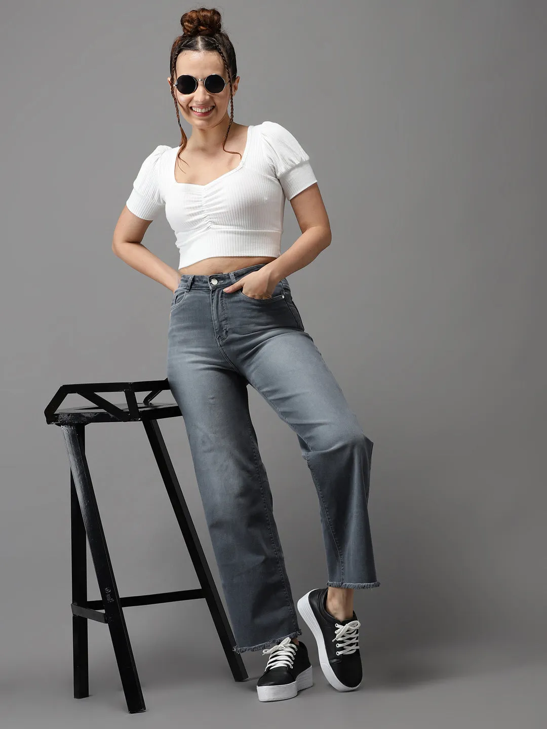 Chic Style Women's Grey Jean Wide Leg High-Rise Light Fade Jeans