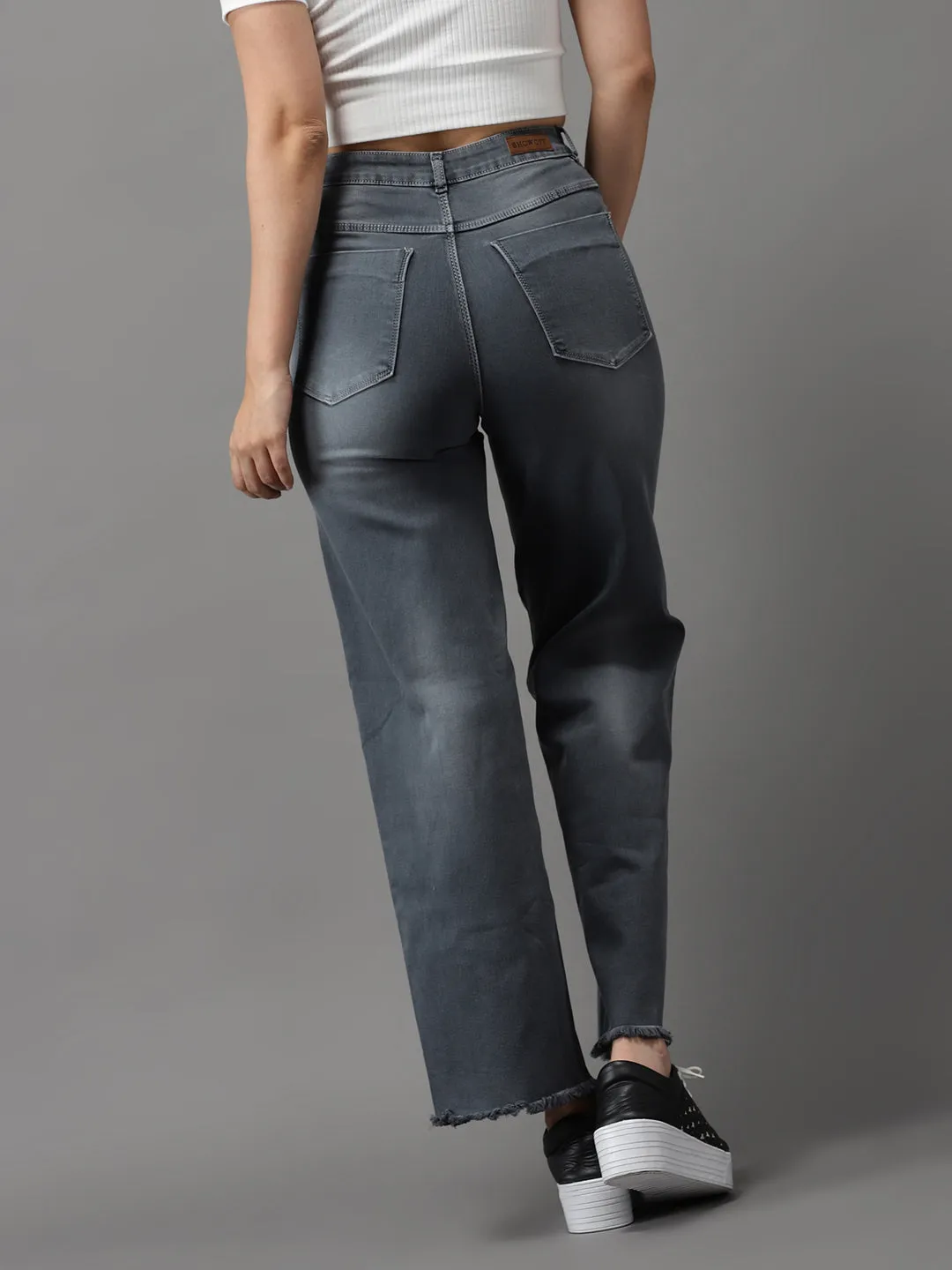 Women's Grey Jean Wide Leg High-Rise Light Fade Jeans Thermal Regulating Fabric Tailored Silhouette
