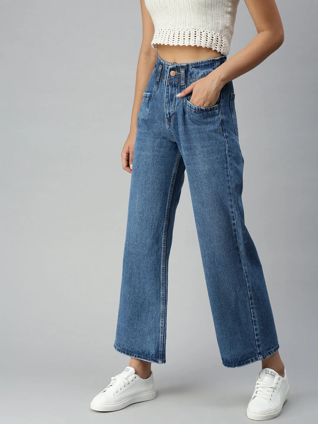 Women's Blue Jean Wide Leg High-Rise Jeans Picnic Style Modern