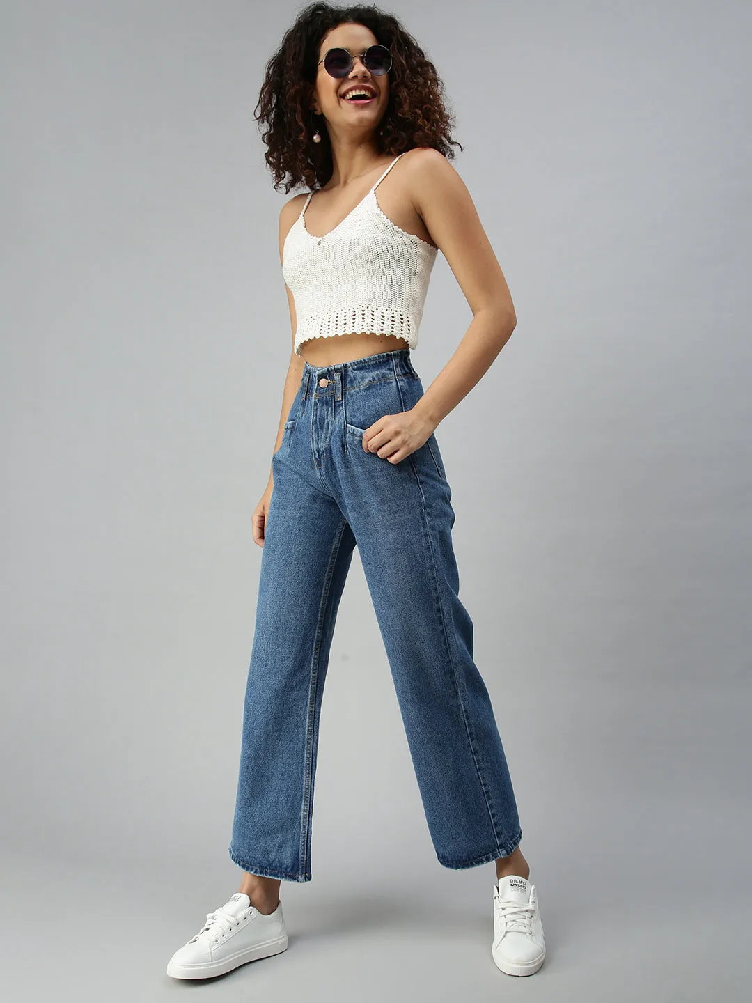 Double Stitched Seams Sunny Vibes Casual Women's Blue Jean Wide Leg High-Rise Jeans