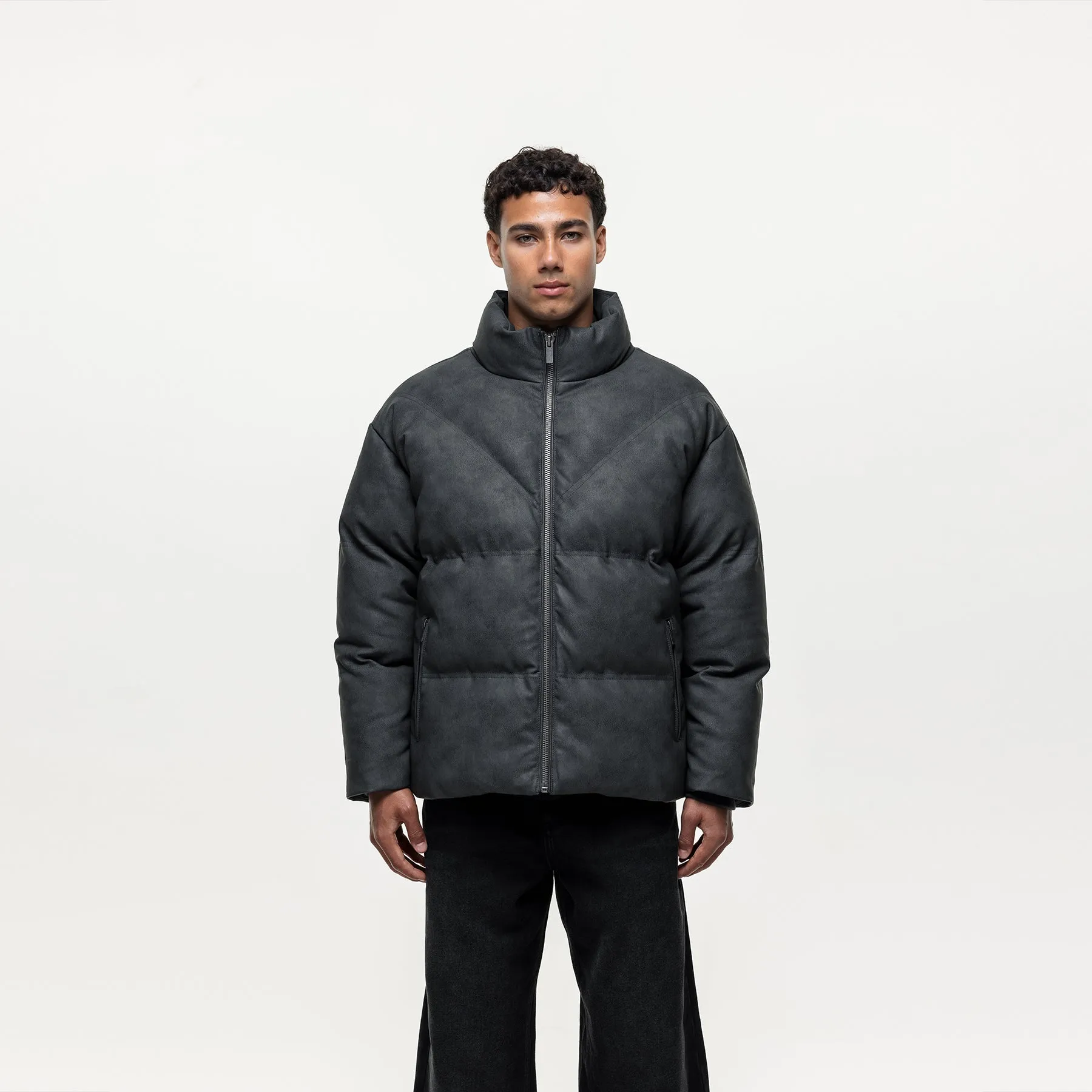 Moisture Control Fibers Durable Water Repellent Finish Vintage Grey Leather Puffer Coat