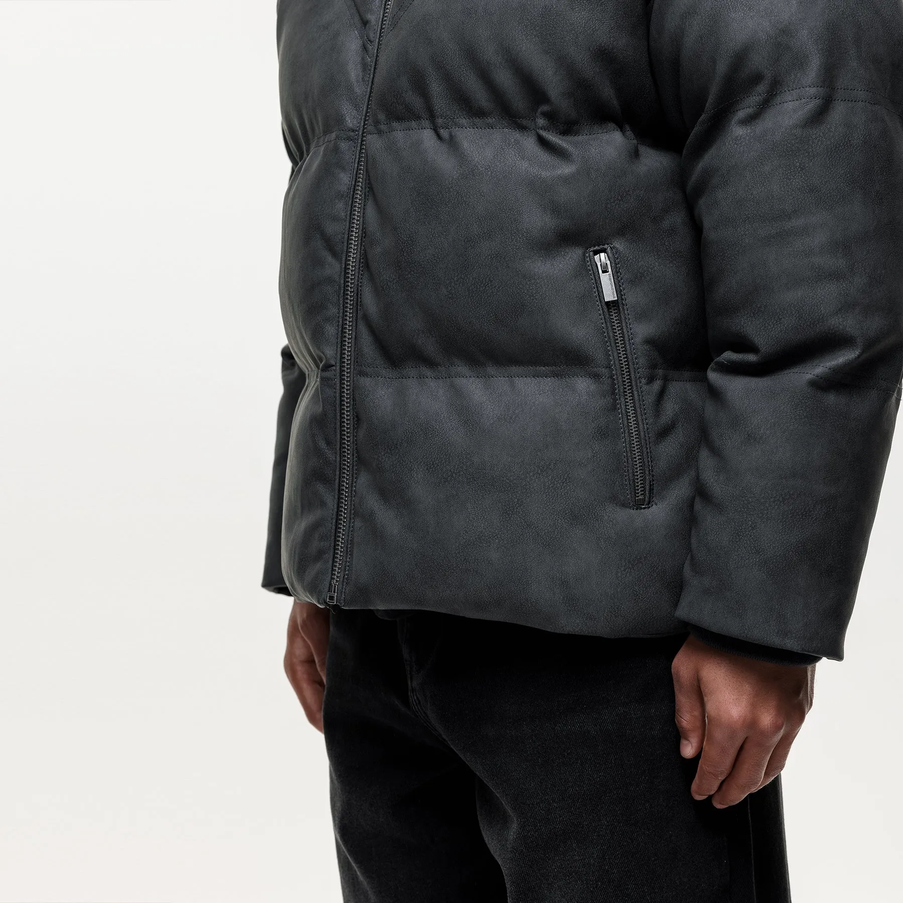 Vintage Grey Leather Puffer Coat RecycledPolyester Seamless Shoulder Construction