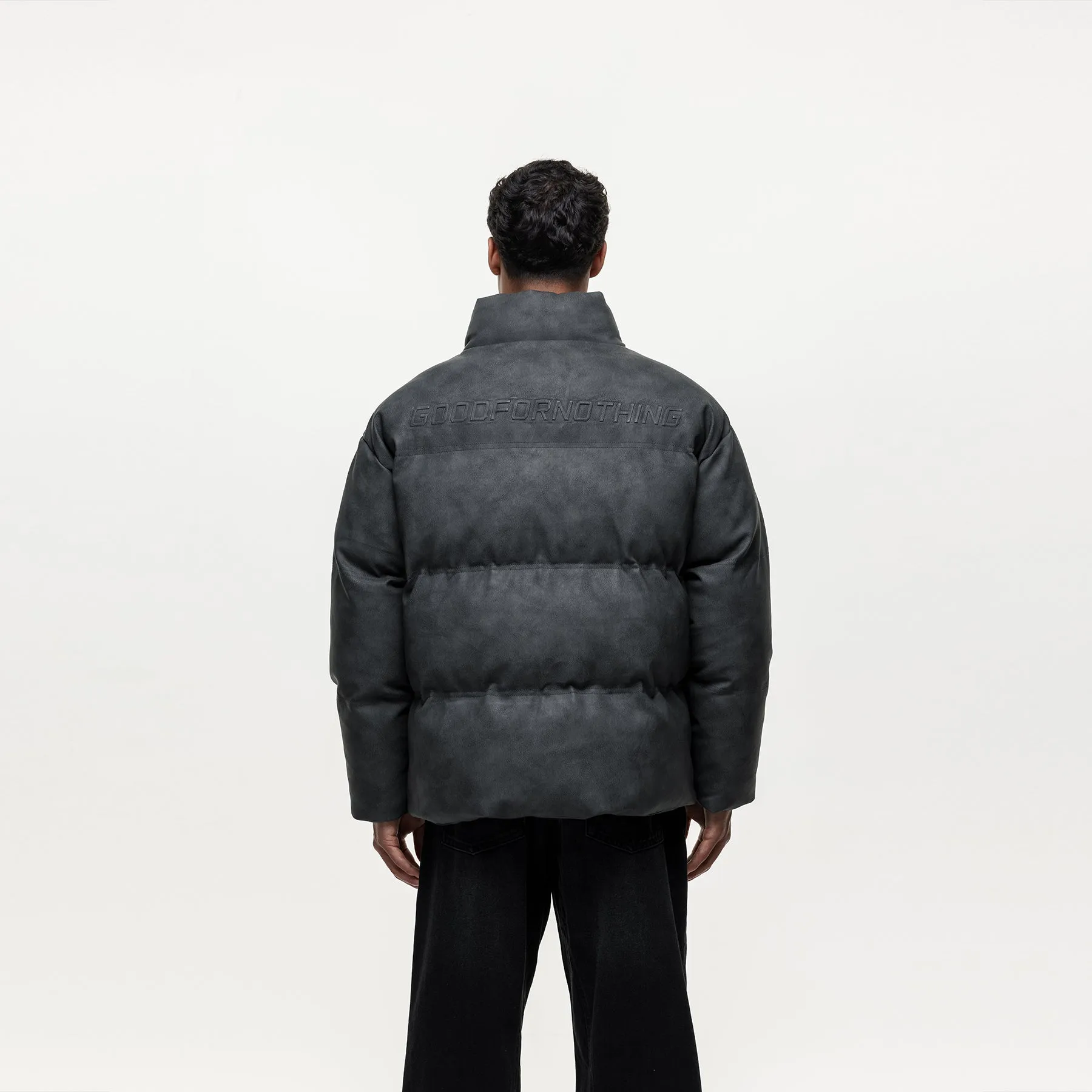 Weatherproof Zipper Tech Vintage Grey Leather Puffer Coat