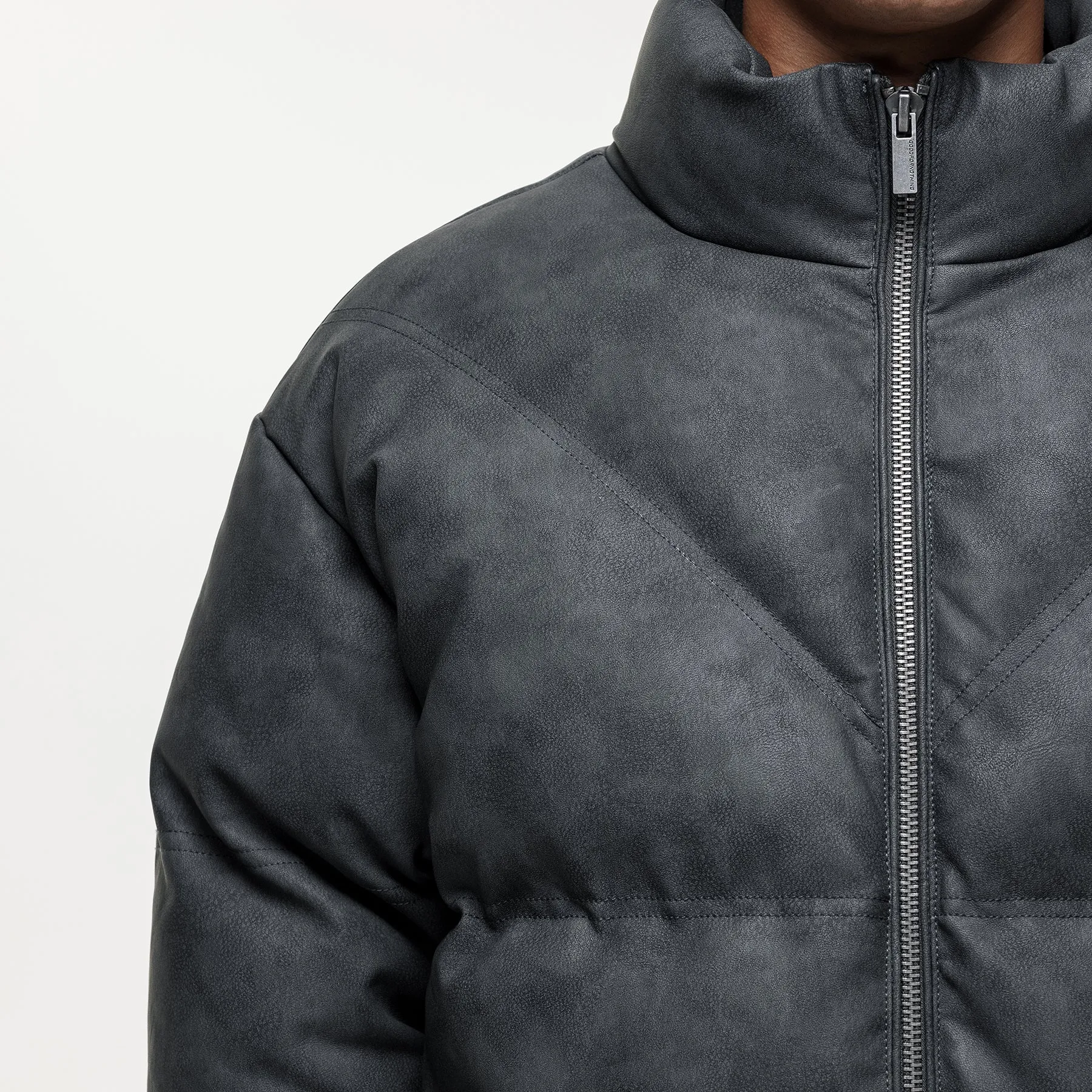 CompressionResistant Auxiliary Attachment Points Vintage Grey Leather Puffer Coat