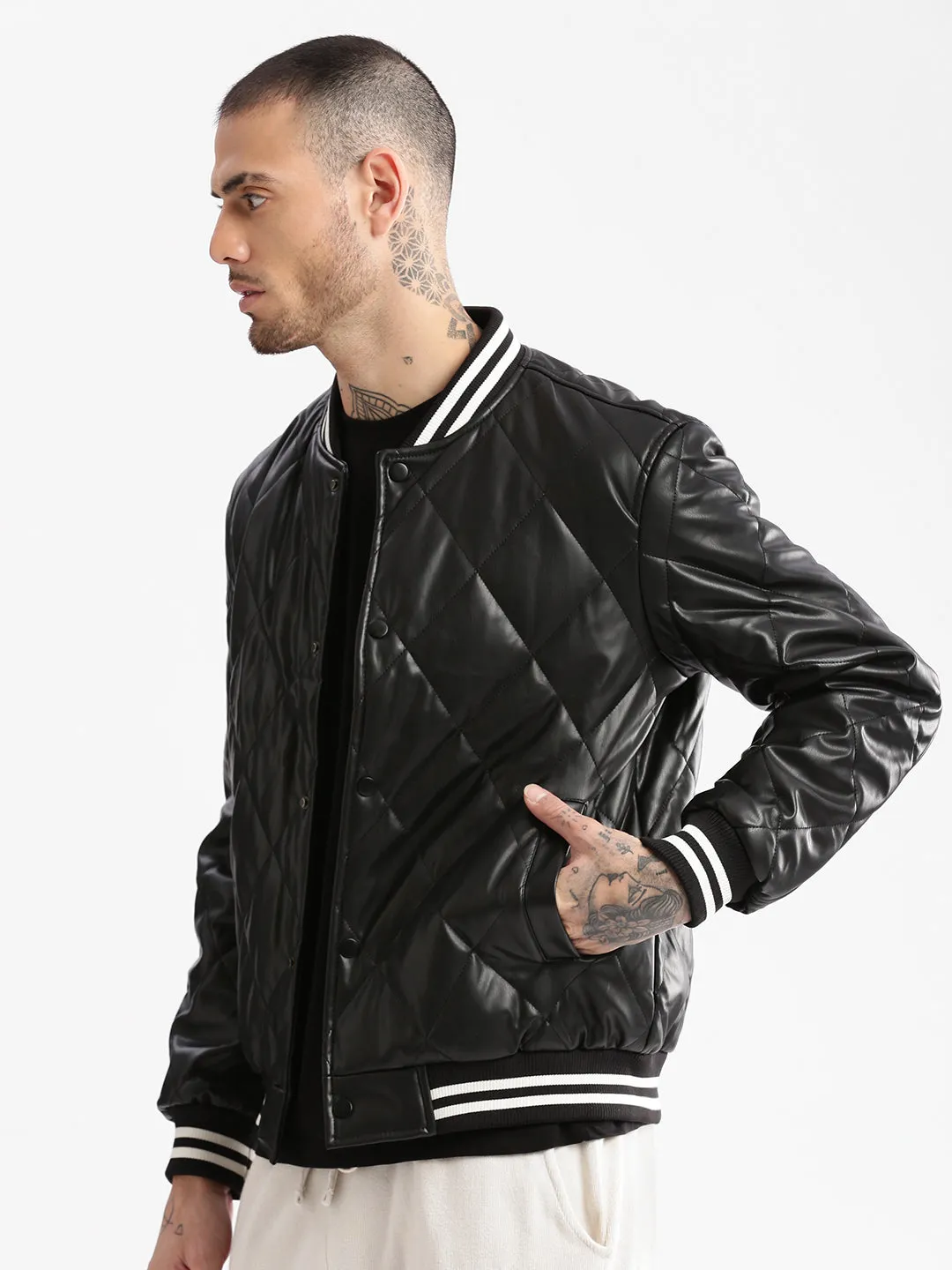 Men's Mandarin Collar Black Solid Leather Jacket Cool Season Survival Use