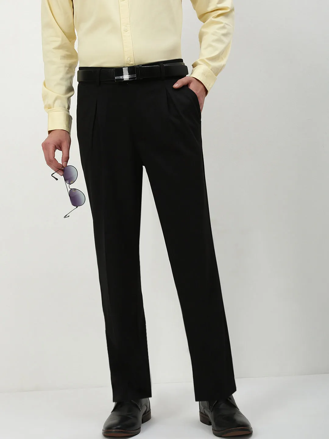 DurableReinforcedMaterial RecycledPolyester Men's Black Solid Formal Trousers