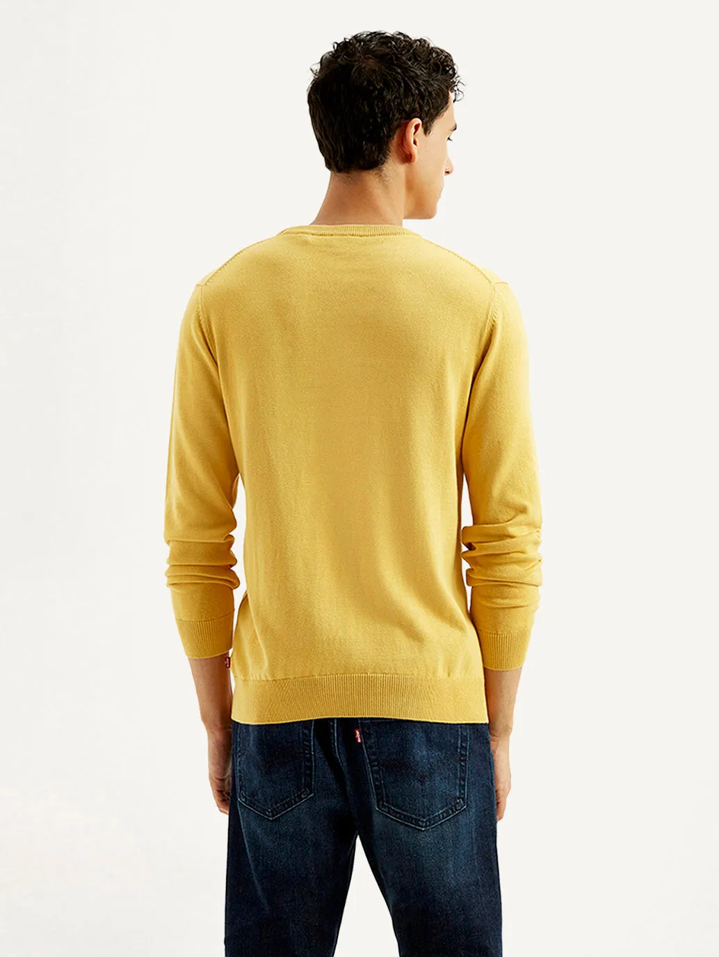 Men's Brand Logo Yellow Crew Neck Sweater Garment Washed