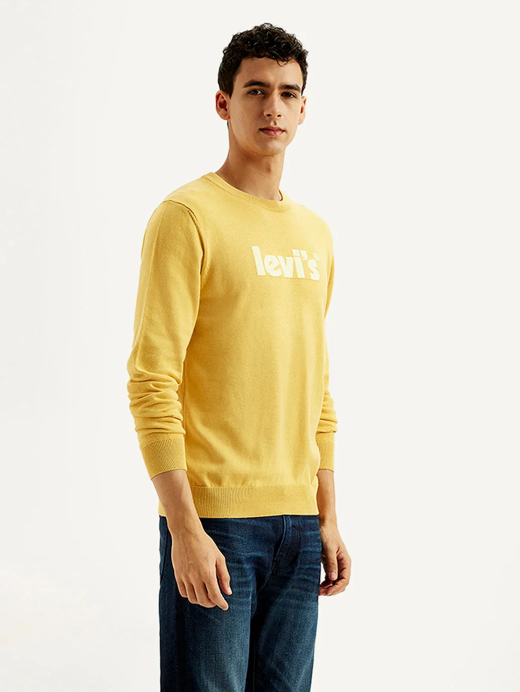 Men's Brand Logo Yellow Crew Neck Sweater LowMaintenance Care