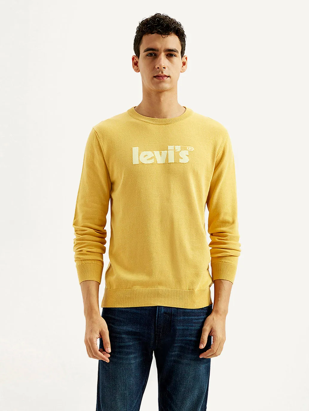 Men's Brand Logo Yellow Crew Neck Sweater Fresh Casual Wear