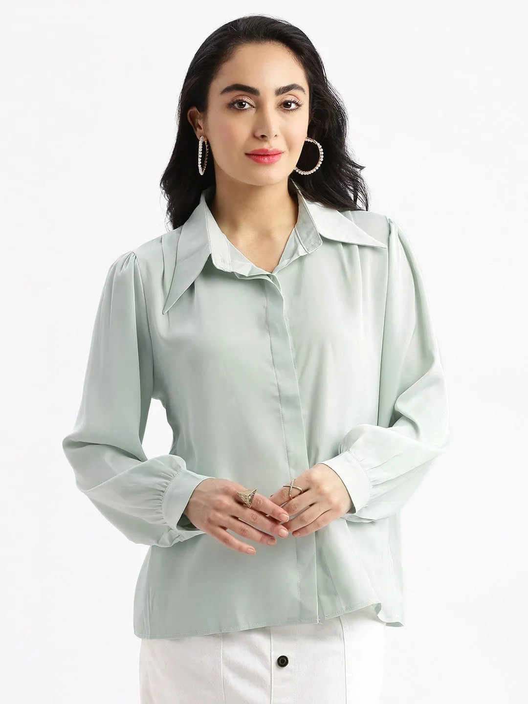 Women's Green Standard Boxy Opaque Casual Shirt Comfortable Style Sporty Style Wear