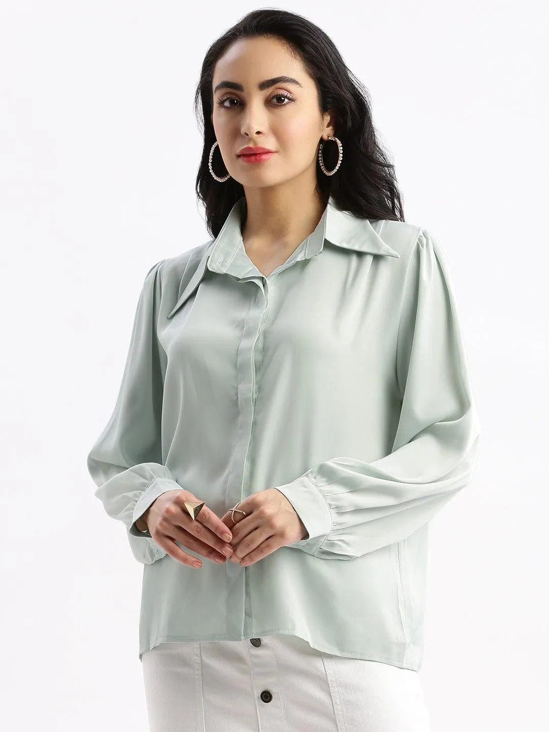 Women's Green Standard Boxy Opaque Casual Shirt Sustainable Textile