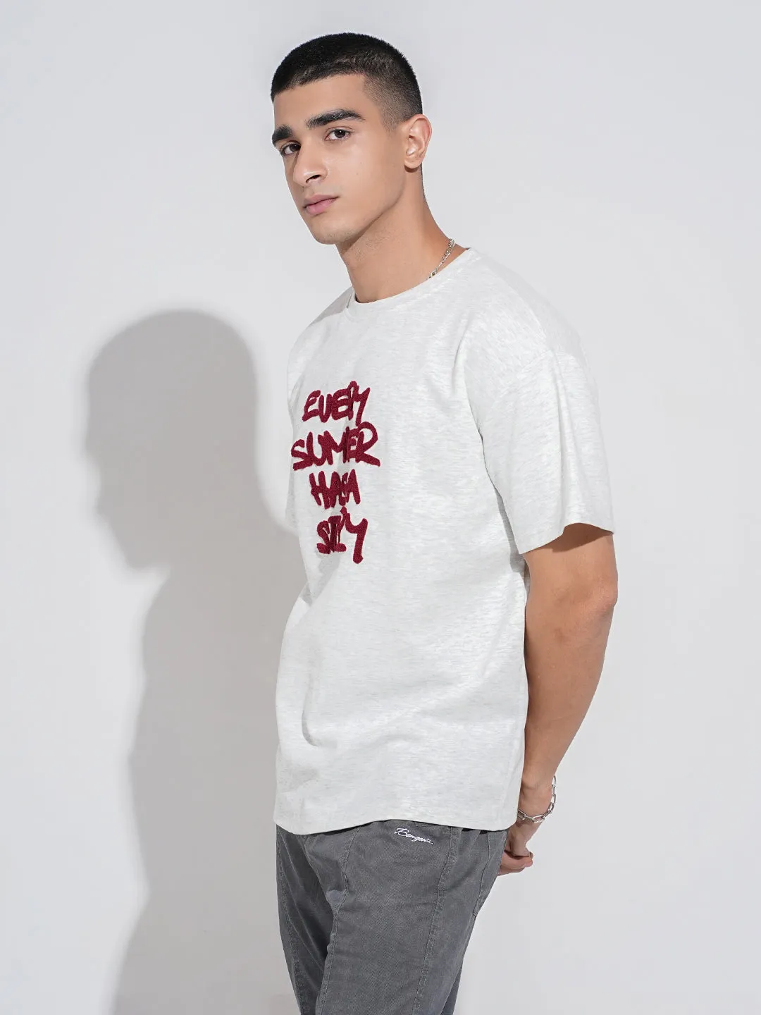 Stretchable Knit Light Trend Men's Typography Grey Short Sleeves Round Neck Relaxed Fit T-Shirt