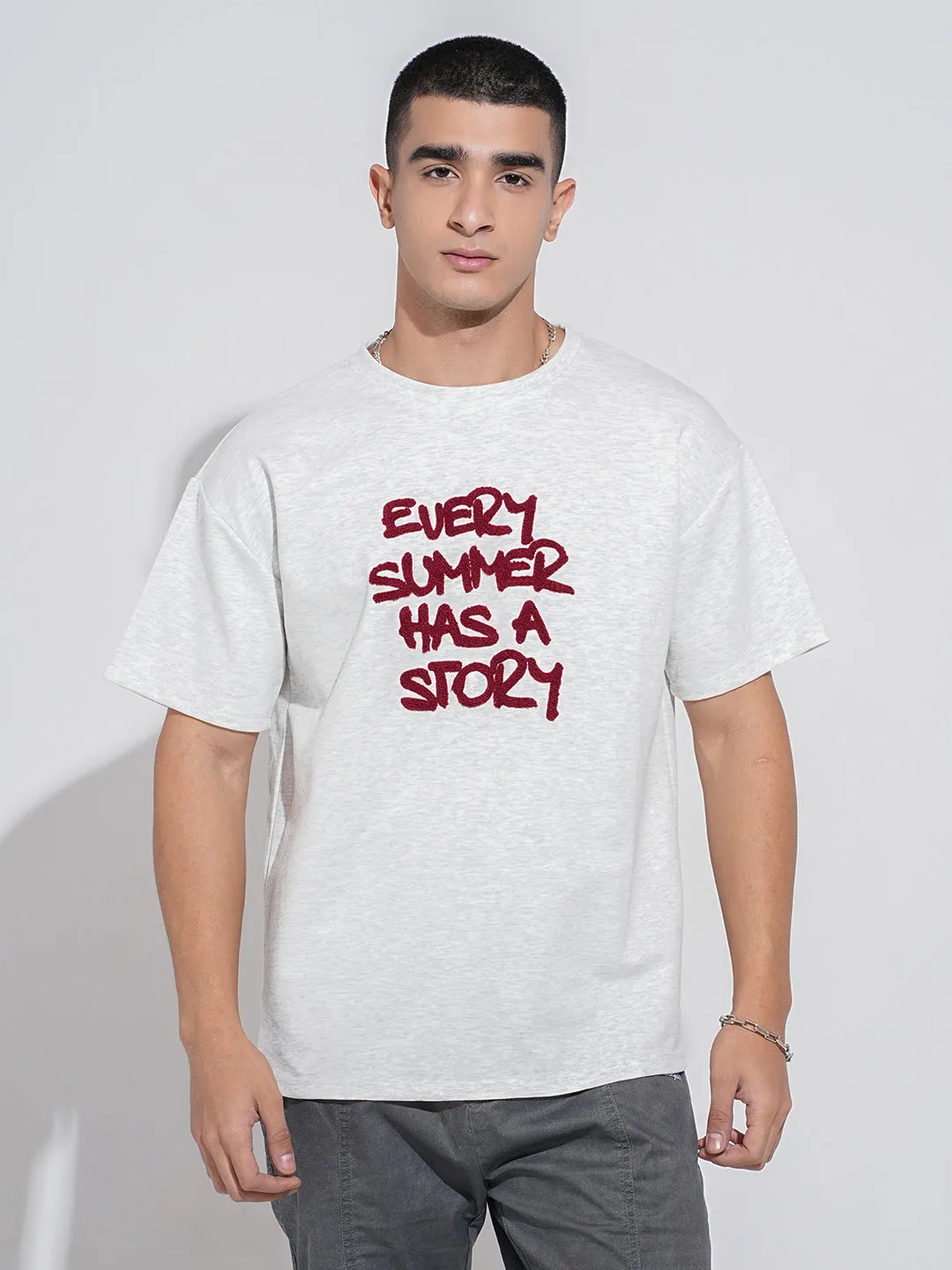 Sleek Look Men's Typography Grey Short Sleeves Round Neck Relaxed Fit T-Shirt