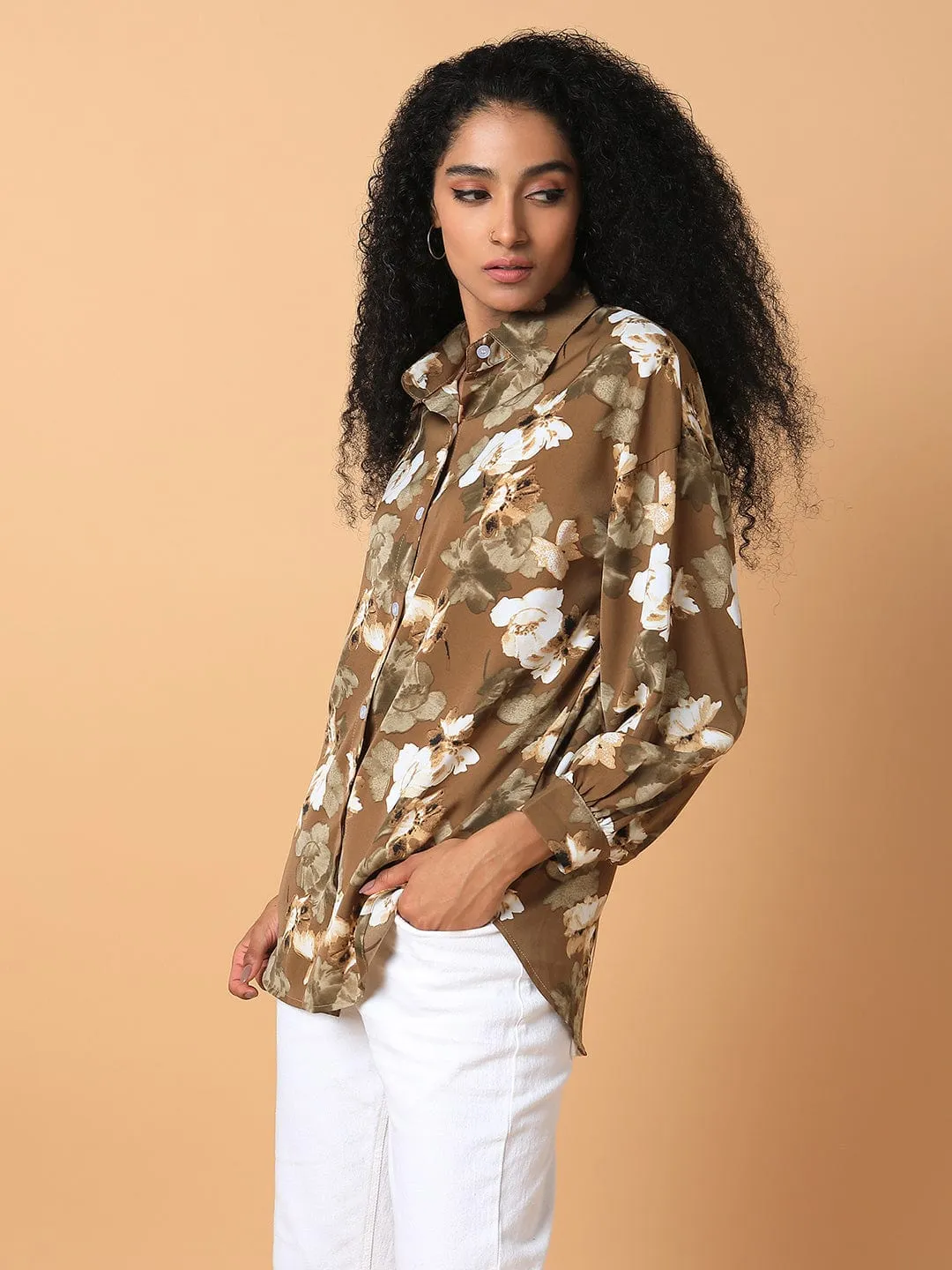 Women's Olive Relaxed Boxy Floral Opaque Printed Casual Shirt Hygroscopic Fiber Travel Essential