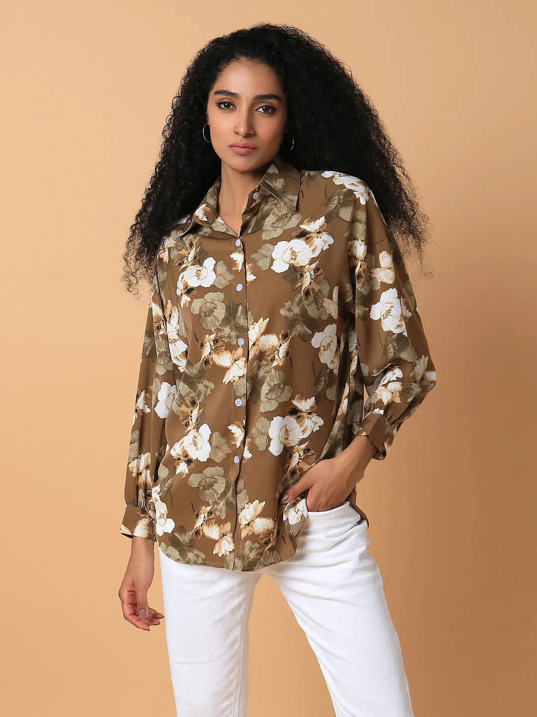 Trendy Casual Wear Versatile Look Women's Olive Relaxed Boxy Floral Opaque Printed Casual Shirt