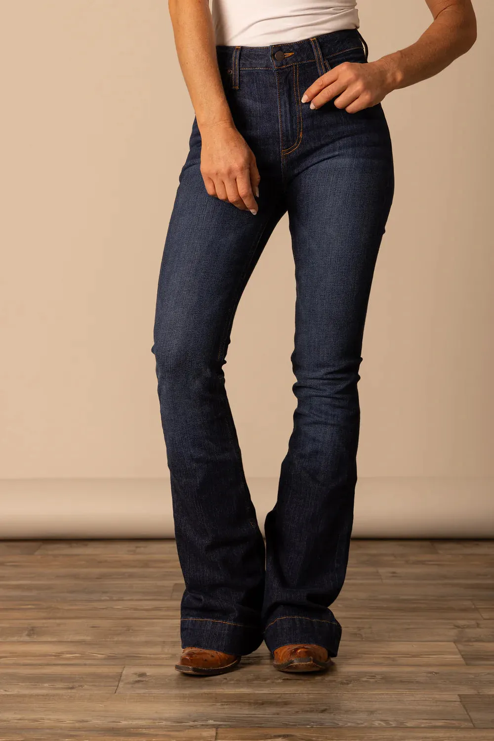 Sustainable Creative Look Perfect Waistband Kimes Ranch Women's Jennifer Dark Wash Ultra High Rise Flare Jean