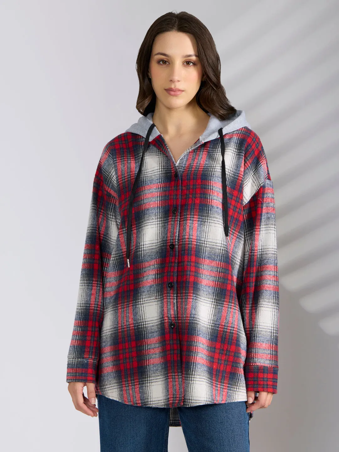 ReinforcedNeckline TemperatureRegulating Women's Checked Red Hooded Oversized Shirts