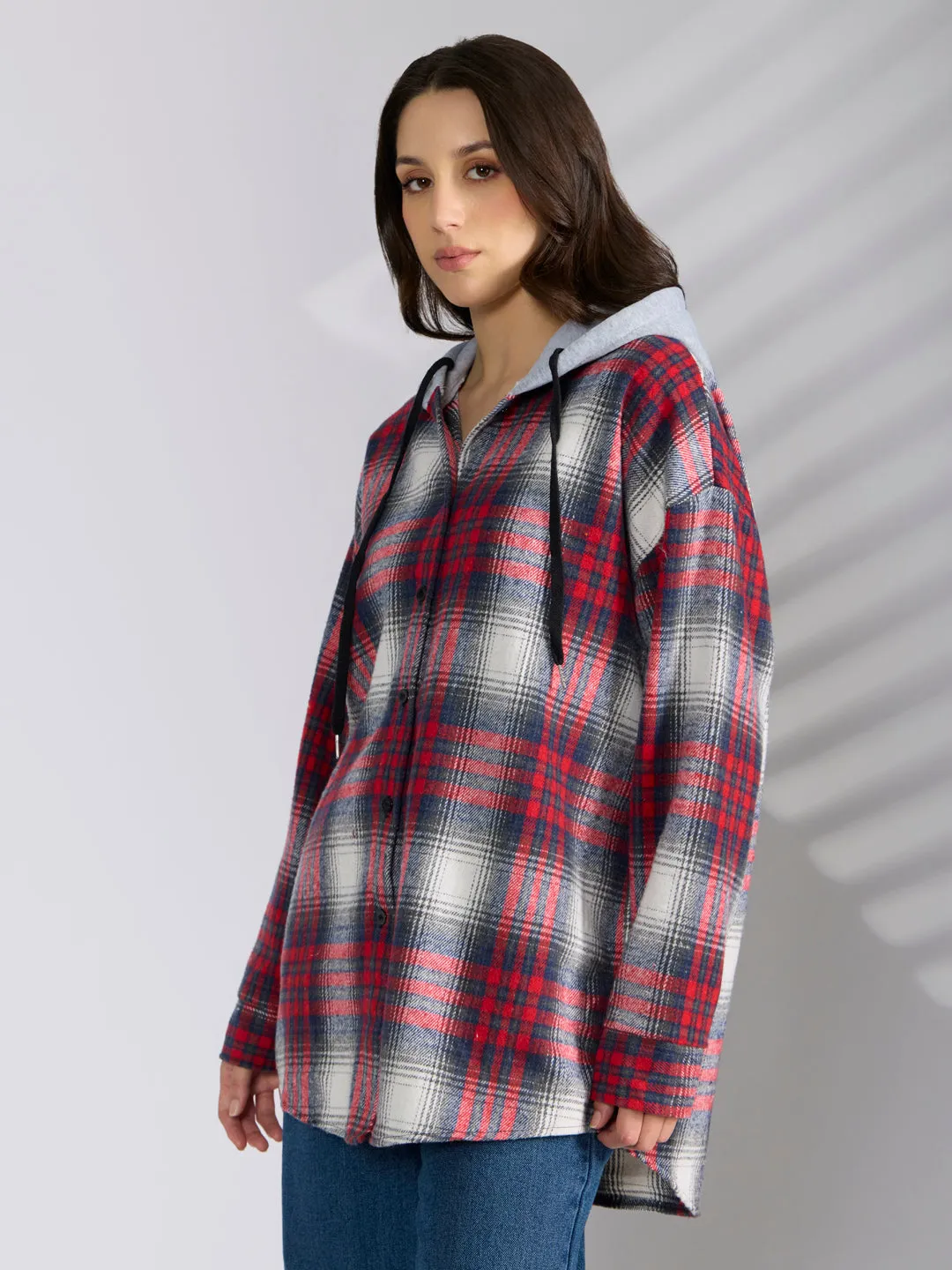 Women's Checked Red Hooded Oversized Shirts Sleek Performance Breathable Comfort Design