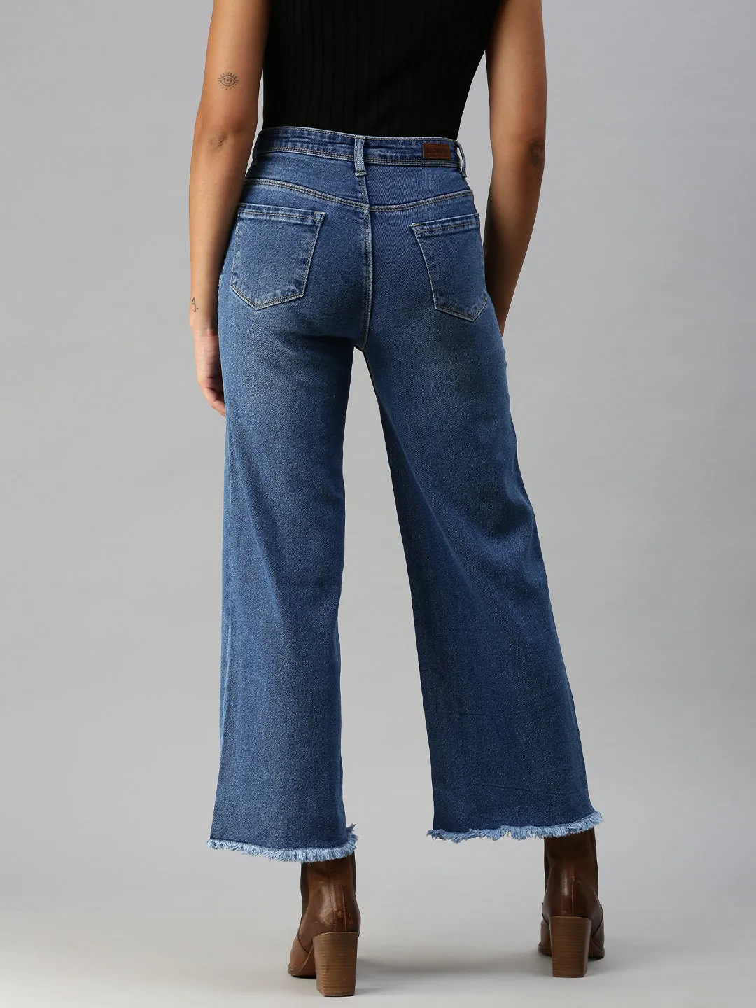 Functional Waistband Women's Blue Wide Leg High-Rise Light Fade Stretchable Jeans