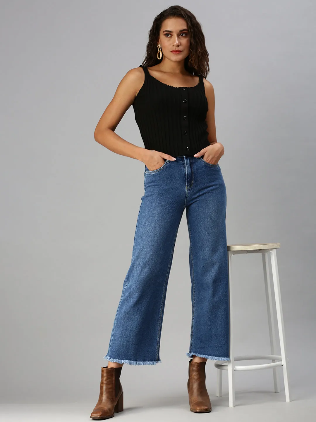 Women's Blue Wide Leg High-Rise Light Fade Stretchable Jeans Cool And Clean