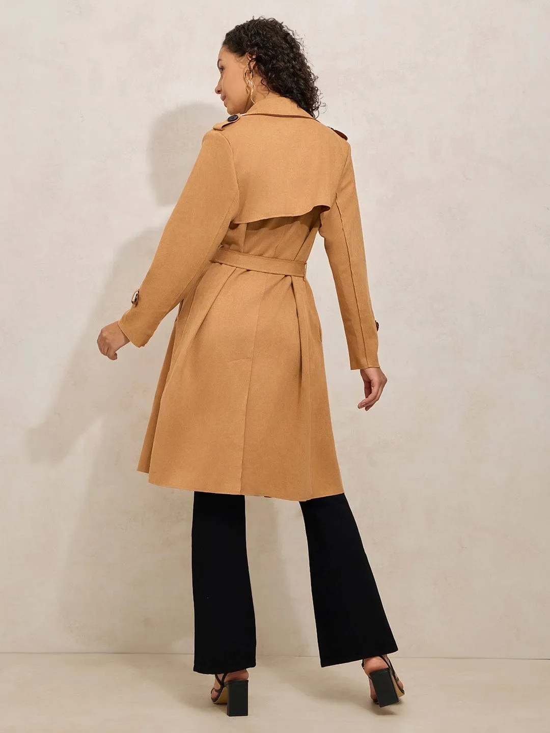 Women's Brown Double Breasted Trench Coat With Flap Detail LightPadding