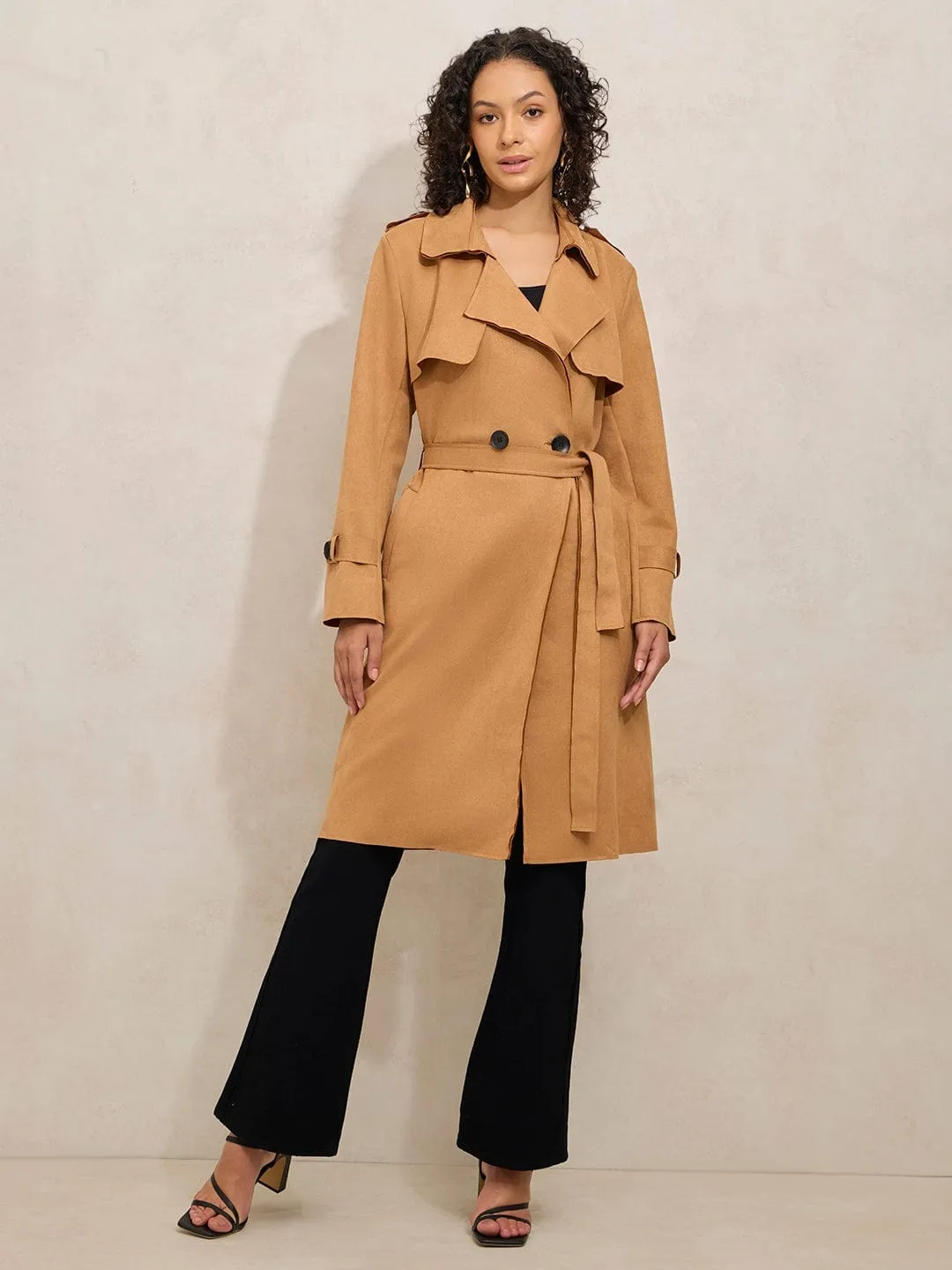 Women's Brown Double Breasted Trench Coat With Flap Detail Reinforced Elbow Panels