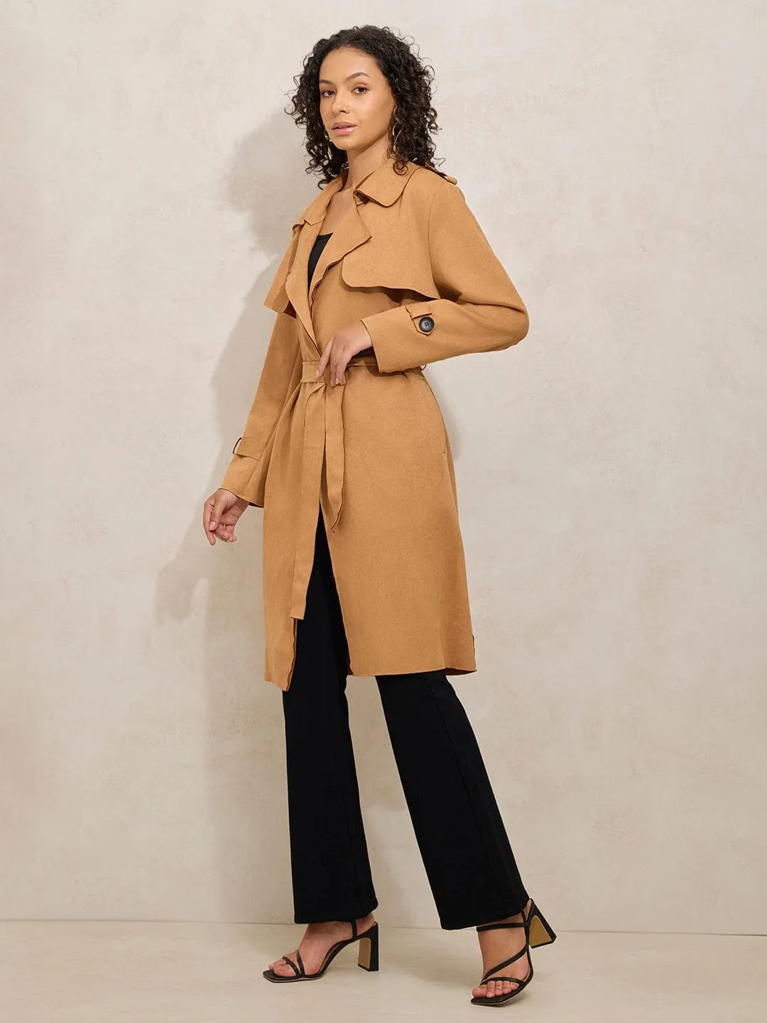 Women's Brown Double Breasted Trench Coat With Flap Detail Classic Ribbed Cuffs