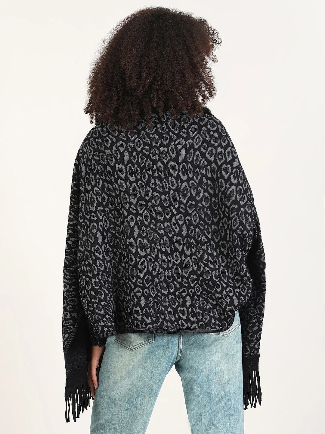 Women's Animal Print Black Fringed Edge Poncho Versatile Piece