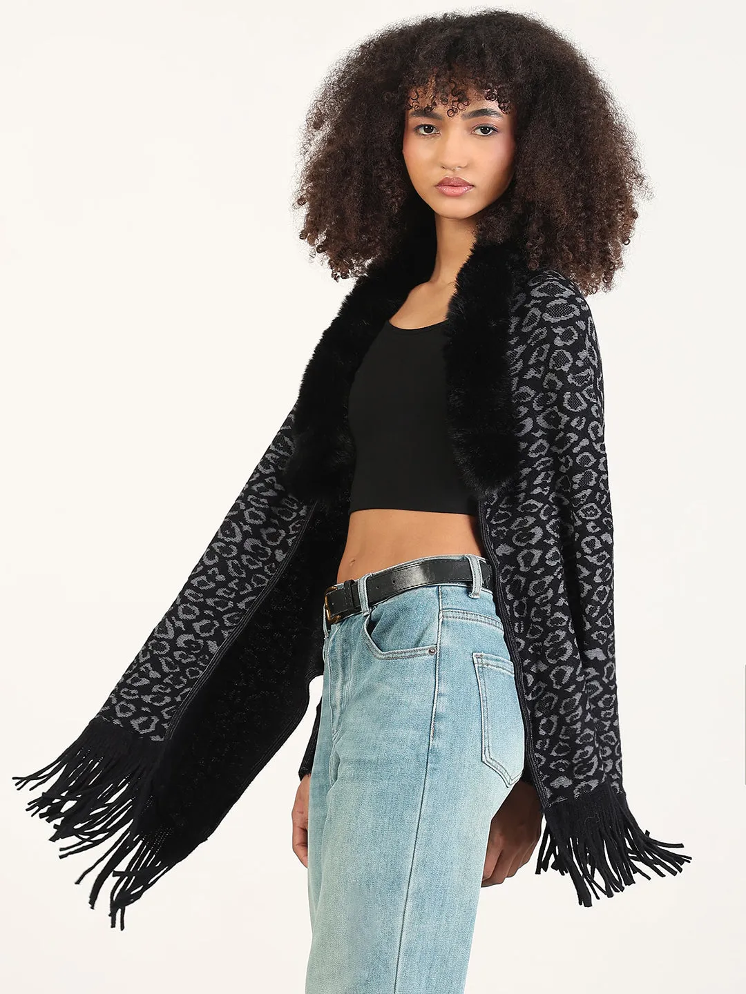 LowImpact Processing Women's Animal Print Black Fringed Edge Poncho