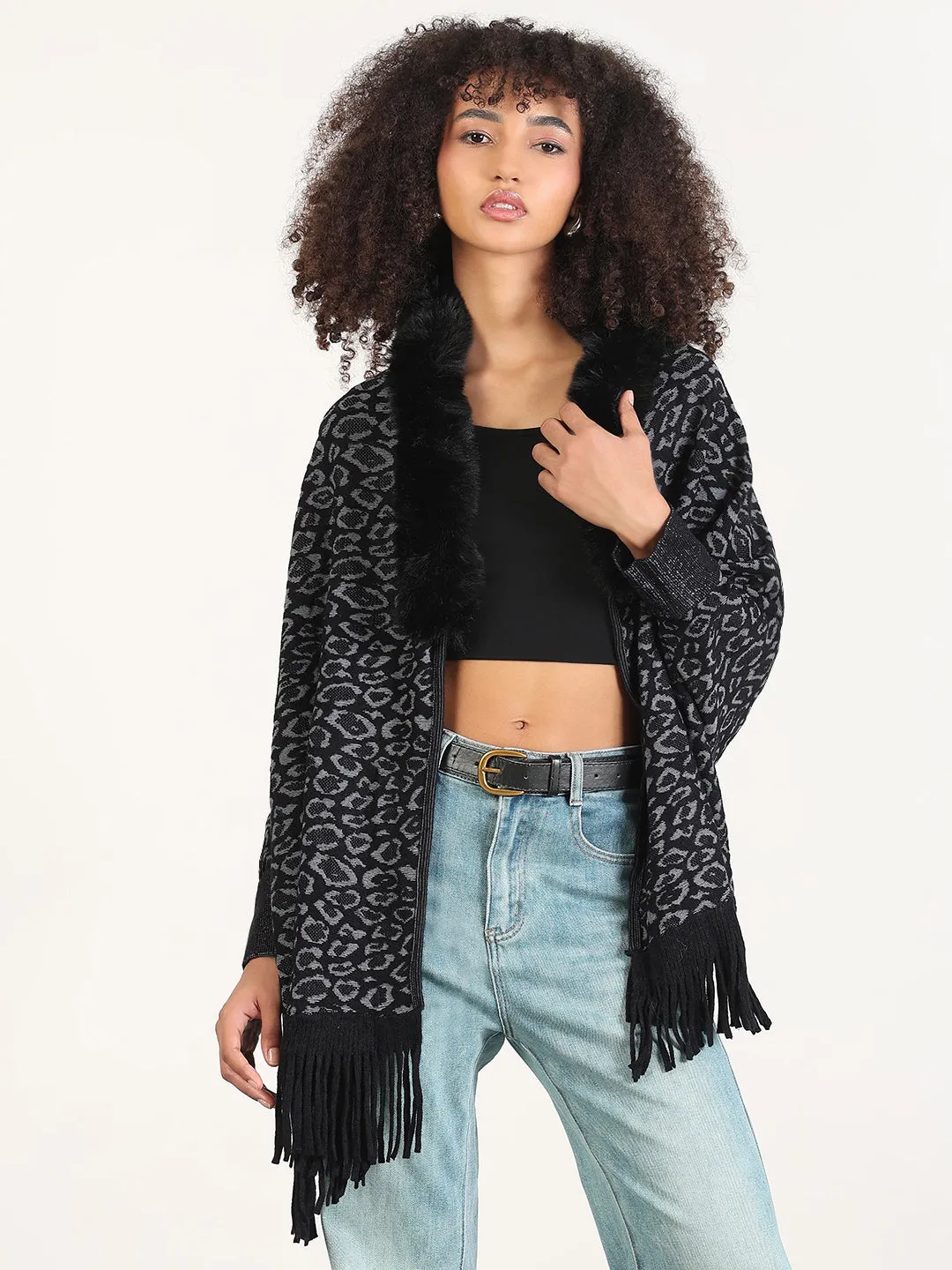 Organic Cotton Women's Animal Print Black Fringed Edge Poncho