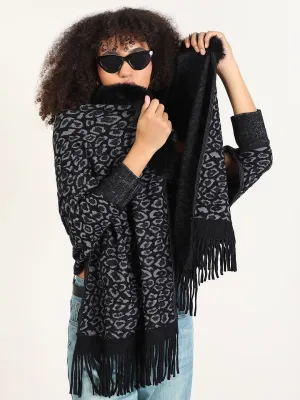 Core Style Eco Friendly Yarn Women's Animal Print Black Fringed Edge Poncho