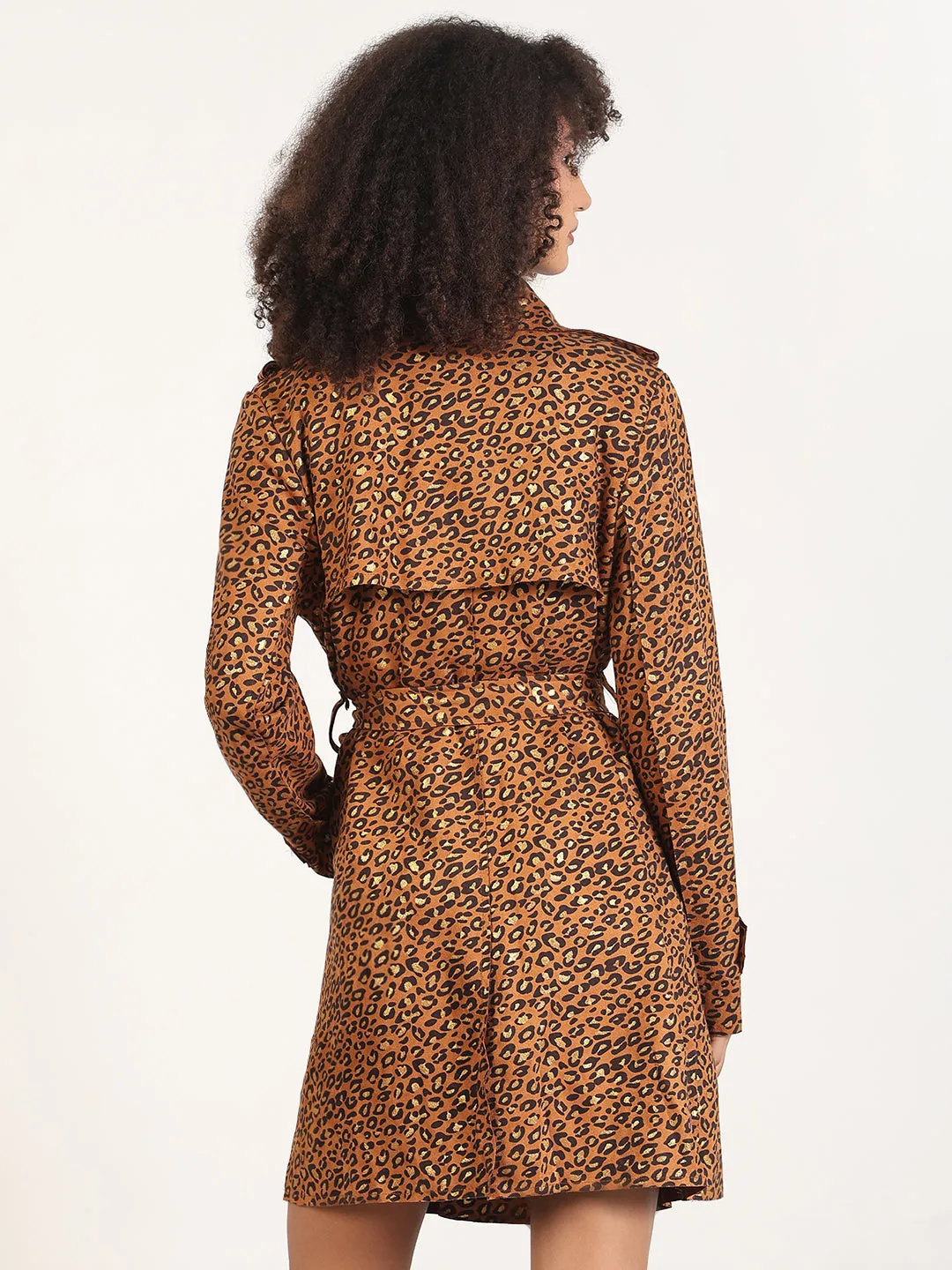Trendy Must Have Women's Animal Print Brown Spread Collar Trench Coat with Fabric Belt