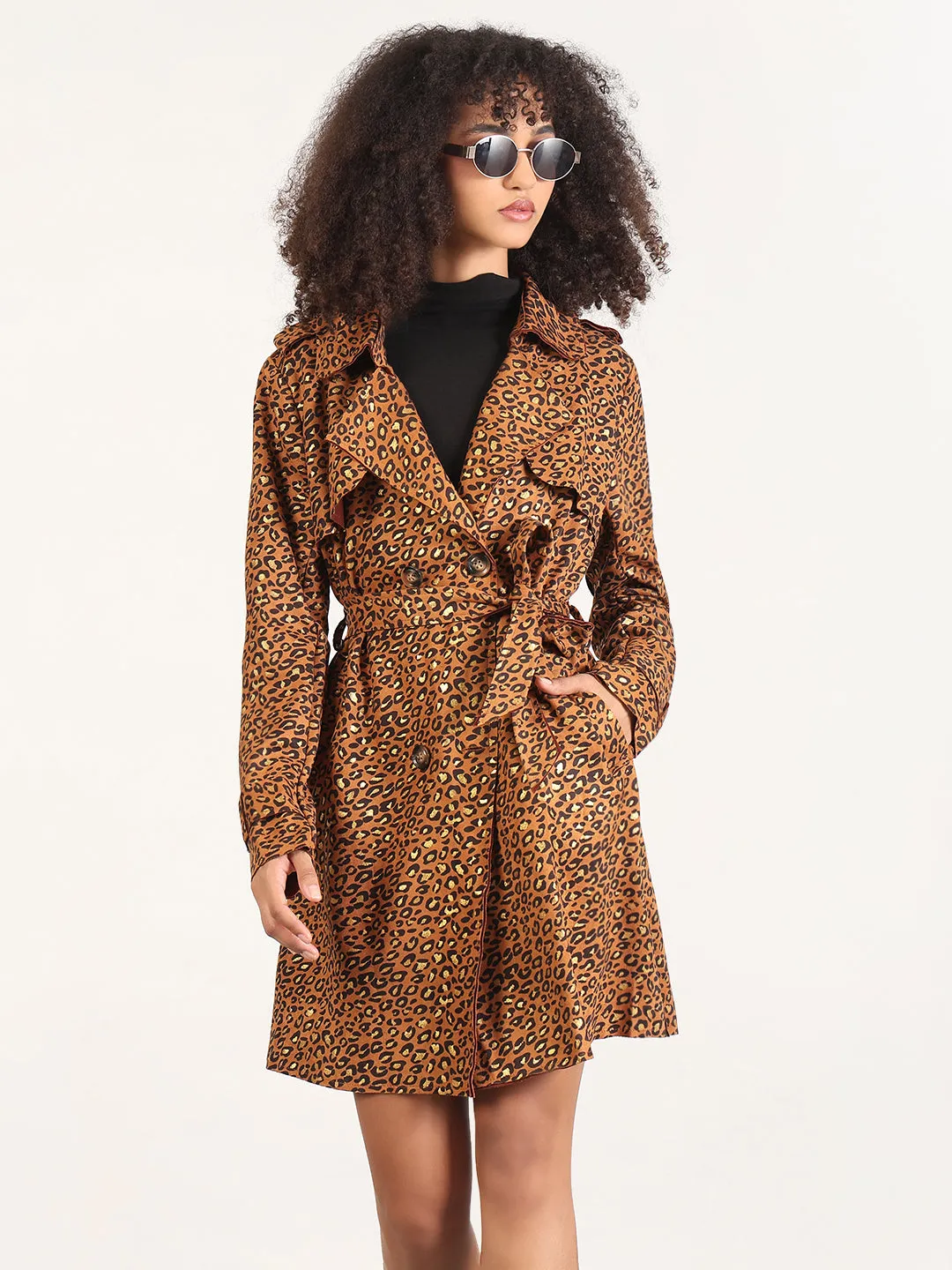 Women's Animal Print Brown Spread Collar Trench Coat with Fabric Belt Mid Season Wear Everyday apparel