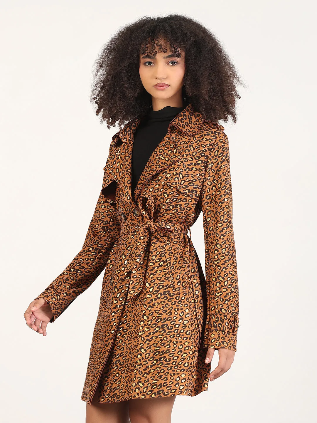 Zipper Guard Weatherproofing Women's Animal Print Brown Spread Collar Trench Coat with Fabric Belt