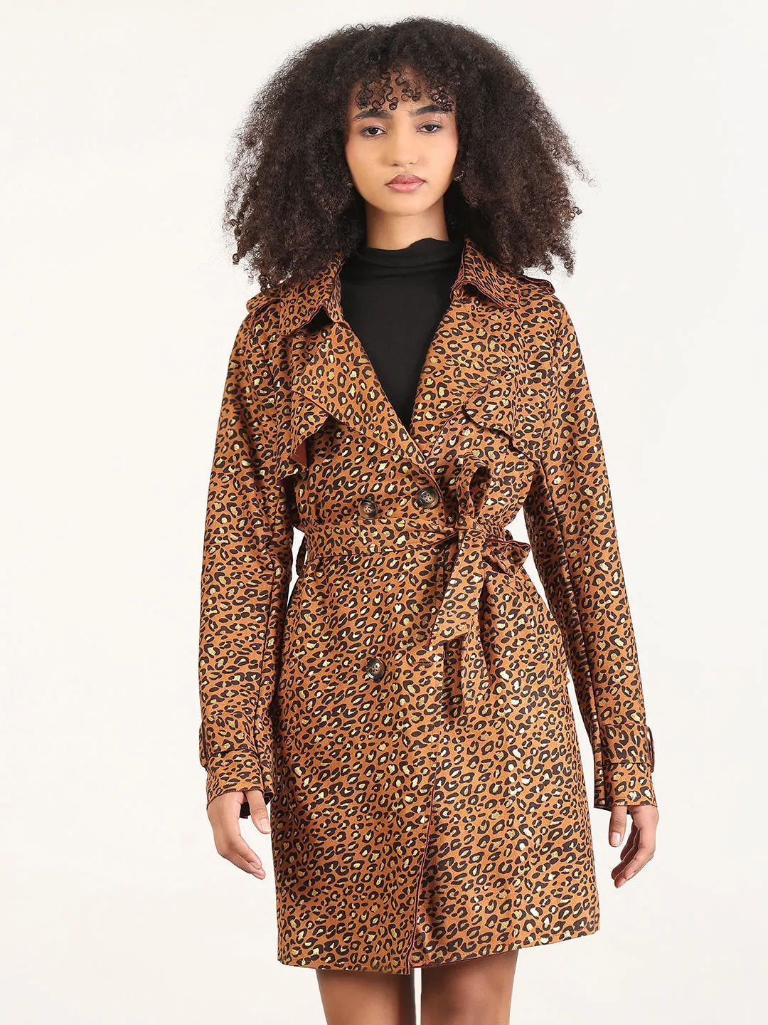 Puffer Design Quilted Insulation Women's Animal Print Brown Spread Collar Trench Coat with Fabric Belt
