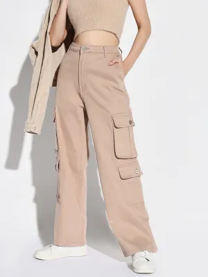 Women's Beige Comfort Wide Leg Acid Wash Cargo Styles Jeans Student Outfit Earthy Base Outfit
