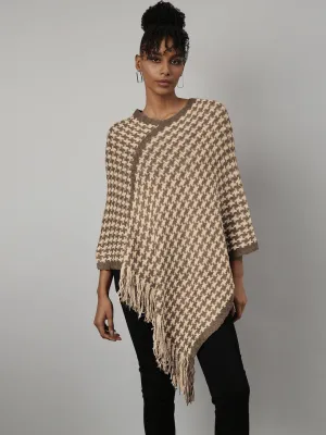 Women's Beige Houndstooth Knitted Poncho with Fringe Trim Street Casual Style WaffleKnit Texture