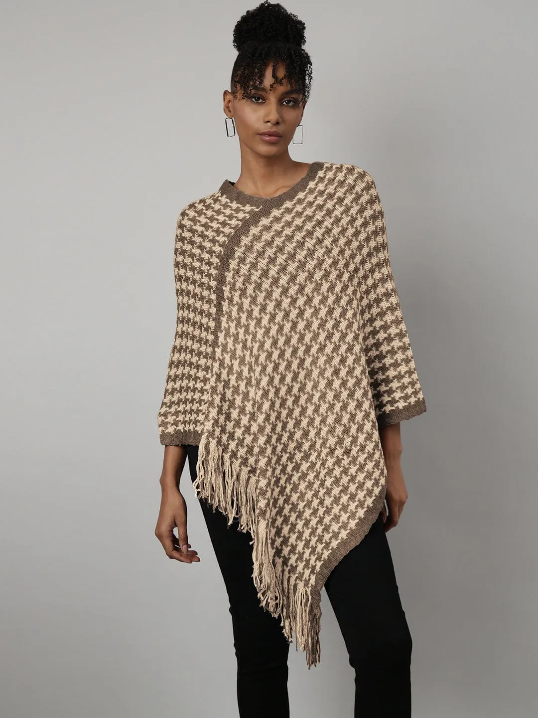 Women's Beige Houndstooth Knitted Poncho with Fringe Trim Street Casual Style WaffleKnit Texture