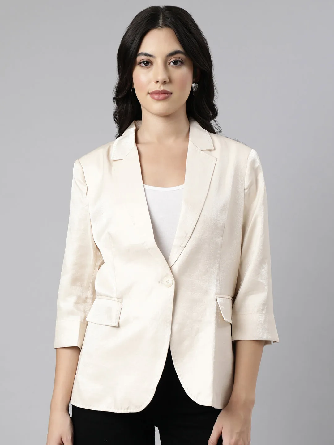 Women's Beige Slim-Fit Notched Lapel Collar Single-Breasted Blazer Wind Chill Protection Light Outdoor Layer