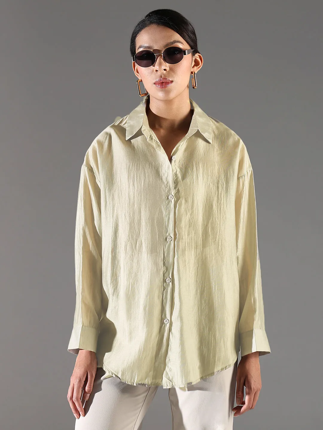 Women's Beige Solid Oversized Shirt Minimalist Comfort