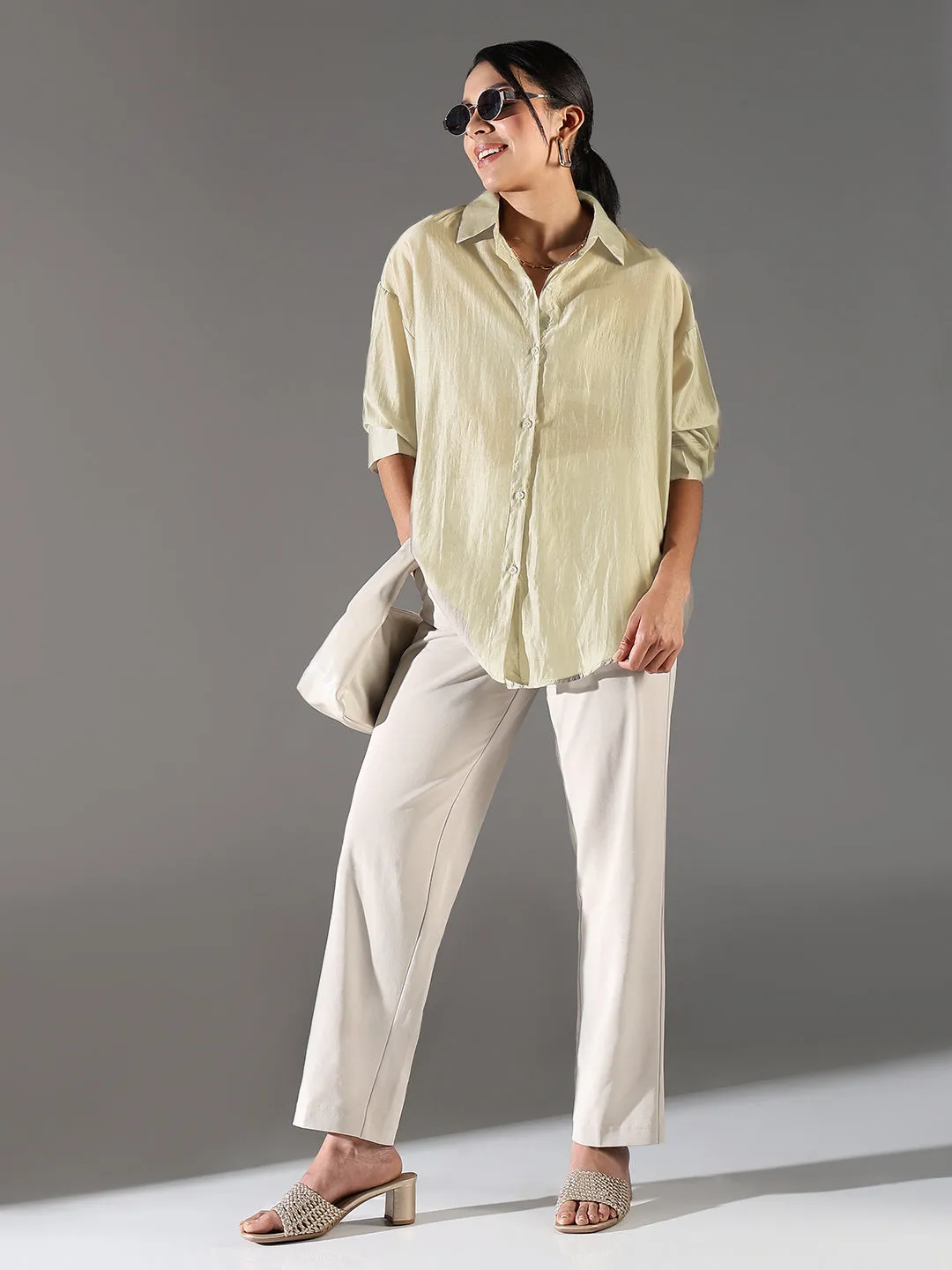 Layered Look Retro Style Women's Beige Solid Oversized Shirt
